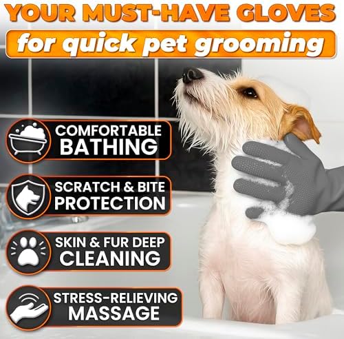 Cat and Dog Washing Gloves, 1 Pair, 11.6 in, Soft Silicone (Grey) - Image 4
