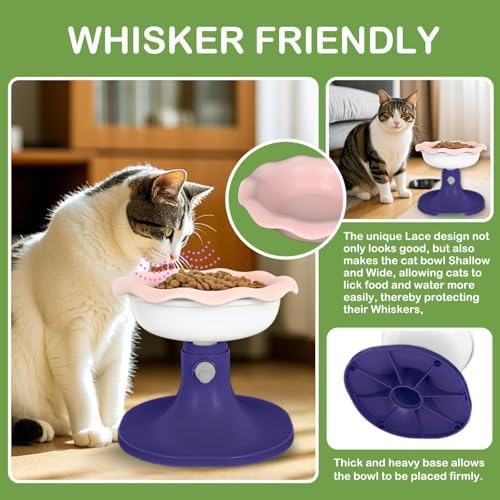 Adjustable Ceramic Elevated Cat Bowls, 30° Tilted Raised Cat Bowls, Neck Protection, Whisker-Friendly, Leak Proof for All Age Cats & Dogs, Lace (Pinkish Blue) - Image 5
