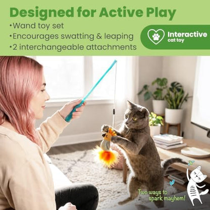 Catstages Flutter Frenzy Prey Wand Set Cat Toy for Cats & Kittens, 2 Interchangeable Attachments, Prey-Like Tail & Plush Bird on Stretchy Cord - Image 2