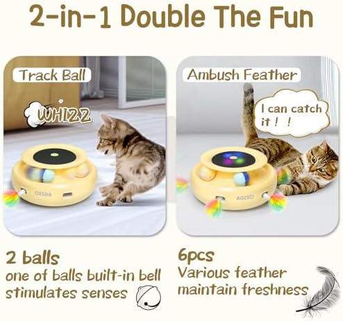 ORSDA Cat Toys 2-in-1 Interactive Cat Toys for Indoor Cats, Automatic Cat Toy Balls, Ambush Feather Kitten Toys with 6pcs Feathers, Dual Power Supplies, Adjustable Speed, Auto On/Off - Image 2