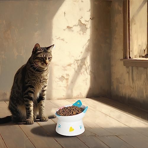 Cute Ceramic Raised Cat Bowls Elevated Design, 15° Tilted FeederProtect Cat's Spine Anti Vomiting Blow for Flat Faced Cats, Kitten Small Dogs,Raise Tilted Cat Food Bowld Pet Dishes(Blue) - Image 5