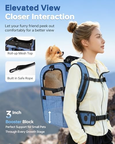 Hiking Dog Carrier Backpack, Padded Height-Enhancing Design, Adjustable Waist Cushioning Belt with Breathable Padded Back Support, Dog Carrier Backpack for Small Dogs Max 13LB Blue with Pad - Image 3