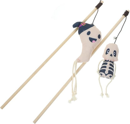 POPETPOP 2pcs Halloween Cat Teaser Toys Interactive Plush Kitten Stick Cute Ghost Skull Design for Engaging Playtime for Indoor Cats and Kittens