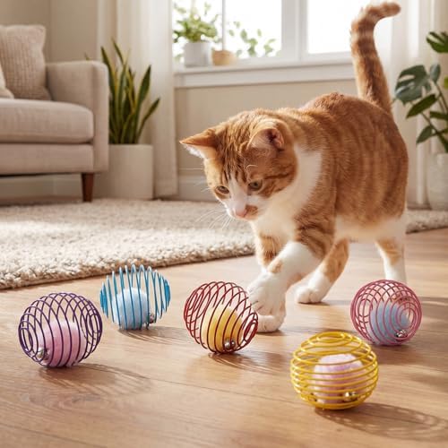 Jecery 5 Pcs Cat Toys Spring,Pom-pom with Bell,Multicolor - Image 4