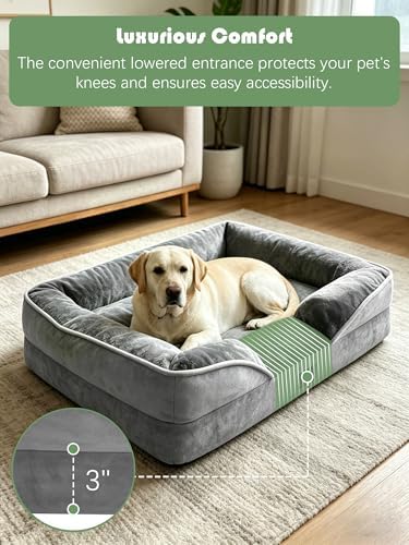 Spotted Play Orthopedic Dog Bed with Sides - Dog Sofa Beds for Extra Large Dogs, Supportive Foam Pet Couch Bed with Washable Removable Cover, Waterproof Lining and Non-Slip Bottom, Grey - XL - Image 3