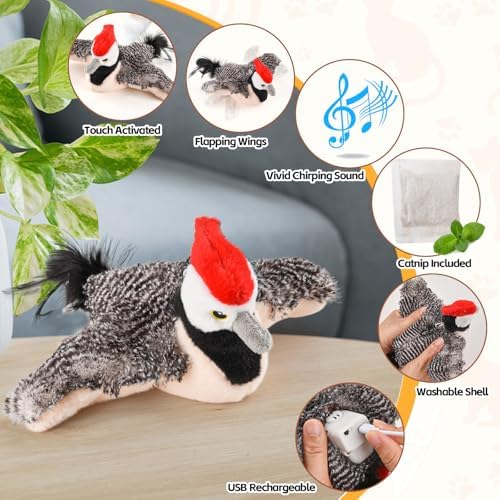 LIFLIX Flappy Bird Cat Toy, Simulated Chirping Flapping Wings Bird, Interactive Catnip Toys, Plush Kitten Exercise Toys for Indoor Cats, Woodpecker(No Flying) - Image 3