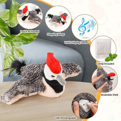 LIFLIX Flappy Bird Cat Toy, Simulated Chirping Flapping Wings Bird, Interactive Catnip Toys, Plush Kitten Exercise Toys for Indoor Cats, Woodpecker(No Flying) - Image 3