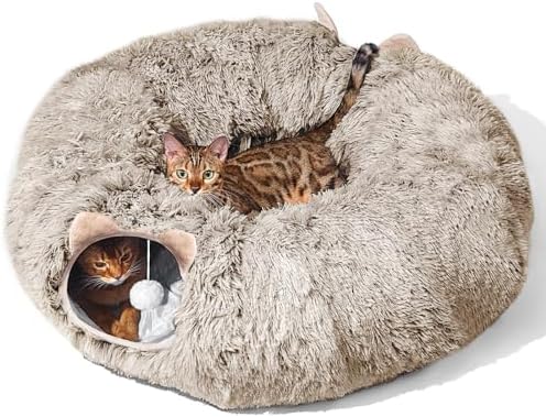 Cat Tunnel with Cat Bed for Indoor Cats, Soft Plush Peekaboo Cat Cave Donut Tunnel, Multifunctional Playground Toys Hideplace for Small Medium Large Kittens, Rabbit, Ferret, Brown by ZVBEK