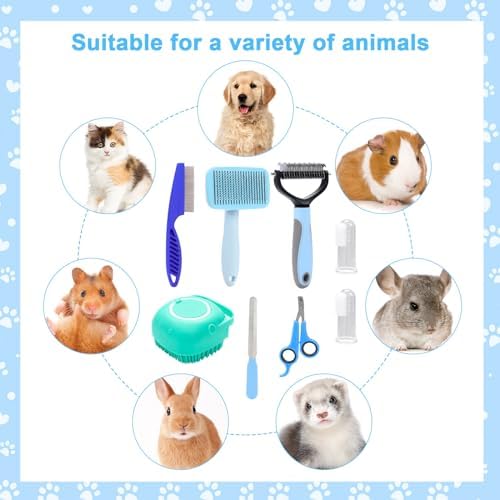 VCZONE 8 Pcs Dog Brush Grooming Kits, Includes Pet Nail Clipper and File, Flea Comb, Pet Shampoo Bath Brush, Pet Shedding Brush, Pet Dematting Comb, Silicone Toothbrush (Blue) - Image 7