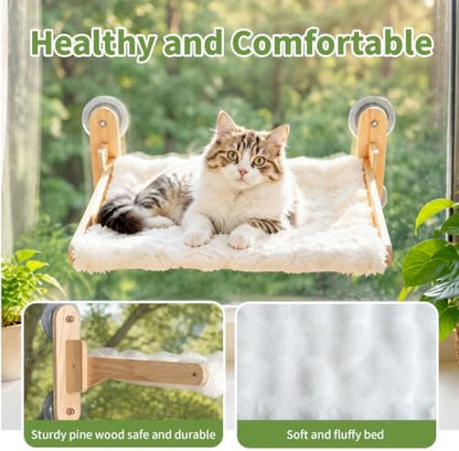 Foldable Cat Window Perch,Cat Hammock Bed with Wood Frame,Washable Soft Rabbit Fur Cover,Strong Suction Cup,Window Seat for Kitten, Indoor Cats, Birds Watching - Image 4