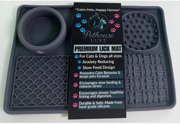 Silicone Dog & Cat Lick Mat with Suction Cups – Anxiety Relief, Slow Feeder, Enrichment Toy for Bath & Grooming (Grey)