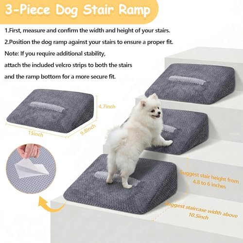 3 Pack Dog Ramp for Stairs with Contrast Color Anti-Slip Strip – Stair Wedges for Small & Senior Dogs and Cats, Gentle Slope Pet Steps with Washable Cover & Self-Sticky Pads - Image 6
