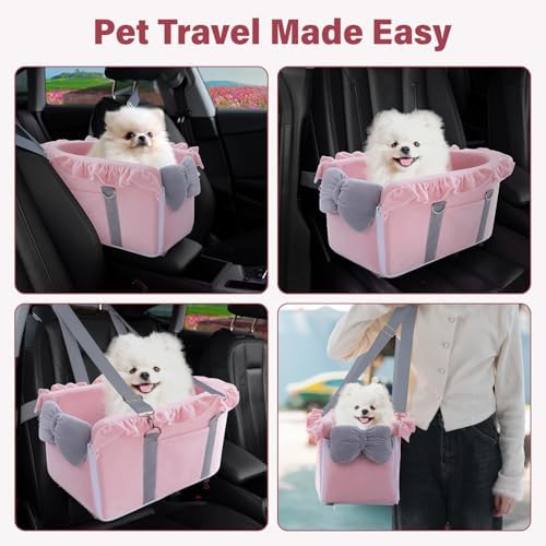 Jaoul Dog Car Seat for Small Dogs - Fully Detachable with Adjustable Straps Center Console Dog Car Seat - Comfortable Bow Design Pet Seats - Portable Pet Booster for Puppy, Cat (Pink Gray) - Image 6