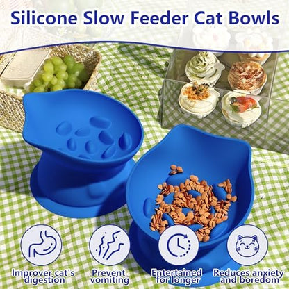 Slow Feed Cat Bowl, Elevated Cat Food Dish with Tilted Design, Dual-Use for Dry and Wet Food, Anti-Vomit, Anti-Choking, Easy to Clean - Image 2