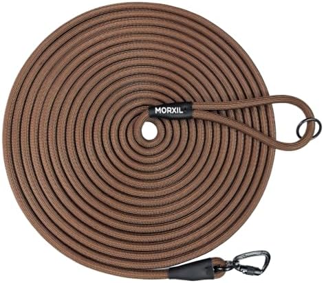 Long Dog Leash, 10ft 30ft 50 feet Heavy Duty Dog Training Leash, Aviation Aluminum Auto Locking Carabiner, Nylon Rope Long Line Check Cord Recall Lead for Yard,Playing,Camping,Brown,30FT by MORXIL
