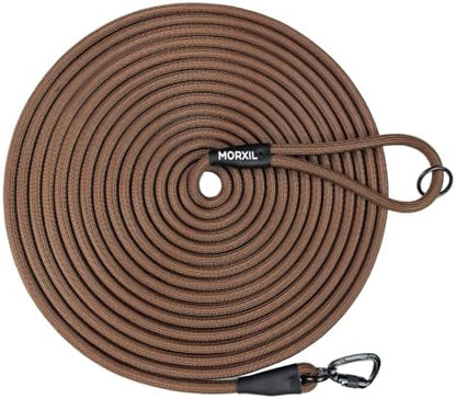 Long Dog Leash, 10ft 30ft 50 feet Heavy Duty Dog Training Leash, Aviation Aluminum Auto Locking Carabiner, Nylon Rope Long Line Check Cord Recall Lead for Yard,Playing,Camping,Brown,30FT by MORXIL