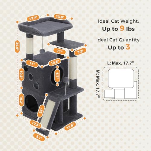 PETEPELA Kitten Cat Tree, 34.6" Small Cat Tower with Ramp & Toys, Deep Grey - Image 5
