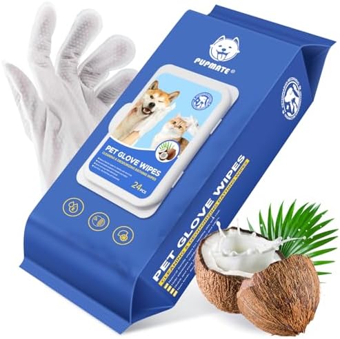 Pet Cleaning Glove Wipes for Dogs & Cats, Hypoallergenic Deodorizing Disposable Bathing Wipes,No-Rinse Grooming Wipes,Perfect for Pet Dry Cleaning,Daily Care and Travel, Coconut Scent, 24 pcs by PUPMATE