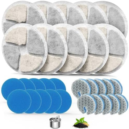 Stainless Steel Cat Water Fountain Filters, 10 Pack Replacement Filters Fit for Round 2L/67oz Automatic Pet Fountain, Filter with Triple Filtration System (10+10+10) by BAOFUM