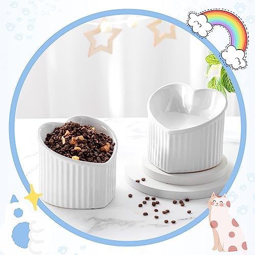 Mumufy 2 Pcs Ceramic Elevated Cat Bowls Tilted Elevated Raised Pet Bowls Anti Vomit Cat Dish for Indoor Stress Free Water Dish Feeder for Puppies, Heart Shaped(Pearly White) - Image 4