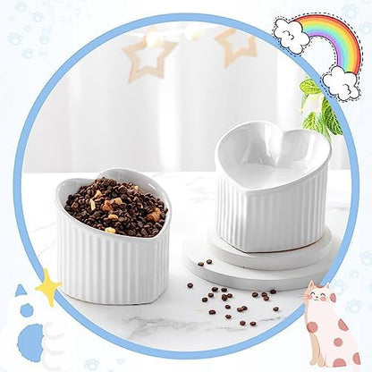 Mumufy 2 Pcs Ceramic Elevated Cat Bowls Tilted Elevated Raised Pet Bowls Anti Vomit Cat Dish for Indoor Stress Free Water Dish Feeder for Puppies, Heart Shaped(Pearly White) - Image 4