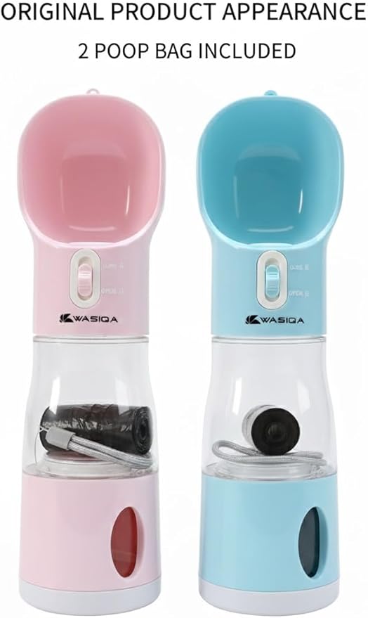 All-in-One Pet Water Bottle with Food Container, Poop Bag Dispenser & Shovel | Portable Dog Travel Bottle | Leak-Proof, BPA-Free, One-Hand Operation | Outdoor Pet Feeder (Blue)