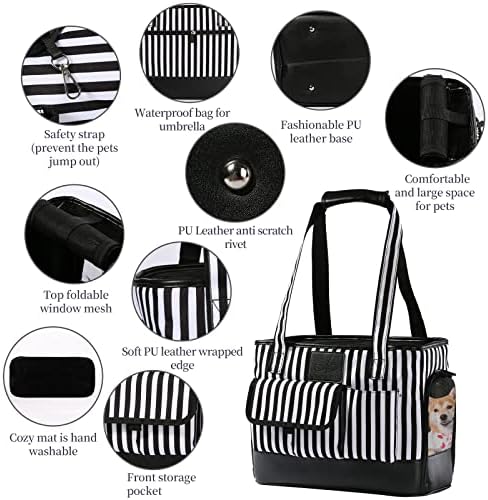 Cat Carrier, Dog Carrier, Pet Carrier, Foldable Waterproof Premium PU Leather Oxford Cloth Dog Purse, Portable Bag Carrier for Small to Medium Cat and Small Dog - Black White Stripes New - Image 3