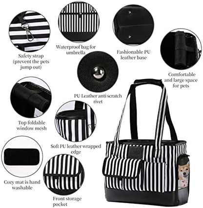 Cat Carrier, Dog Carrier, Pet Carrier, Foldable Waterproof Premium PU Leather Oxford Cloth Dog Purse, Portable Bag Carrier for Small to Medium Cat and Small Dog - Black White Stripes New - Image 3