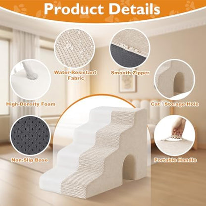 Ahpmeoa Dog Stairs for Bed 19.5’’ H, 4-Step Dog Steps for High Bed, Beige - Image 3