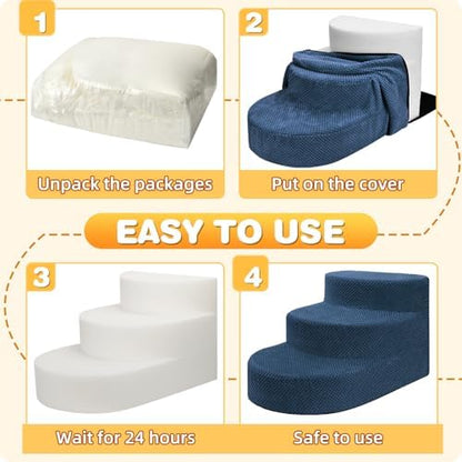 Dog Stairs 3 Steps Foam Pet Ramp for Small Dogs Cats, Navy Blue - Image 6