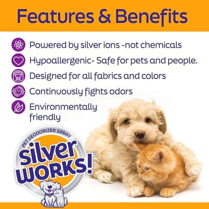SilverWorks! Pet Odor Eliminator Spray For Home - Safe, Natural, Silver Ion Deodorizer - Cat, Dog Smell And Urine Odor Eliminator For Carpet, Furniture And Litter -16.9oz - Image 3