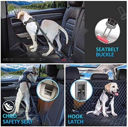Dog Seat Belt 3-in-1 Car Harness for Dogs Adjustable Safety Seatbelt for Car Nylon Reflective Bungee Fabric Dog Car Harness with Clip Hook Latch & Buckle, Swivel Zinc Alloy Carabiner (Black) - Image 6