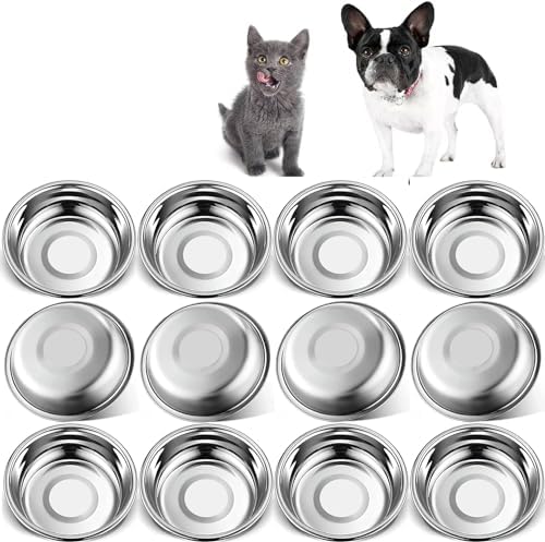 12 PCS Thickened Stainless Steel Cat Bowls, 5.5 Inch Shallow Wide Flat Metal Kitten Food Bowls, Whisker Friendly Fatigue Relief Replacement Basic Pet Dishes for Indoor Cats by Arespark