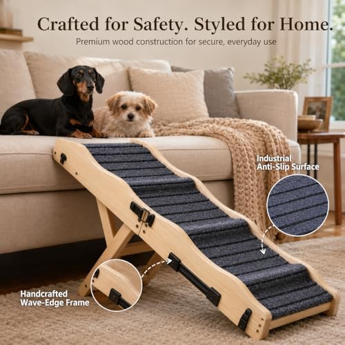 2026 Upgraded Small Dog Ramp for Couch Foldable, 5 Ajustable Height | Height from 9.8" to 20.5", Portable Stable Pet Steps with Non-Slip Pad, Pet Ramps Use for Sofa Couch Stairs, Wood - Image 6
