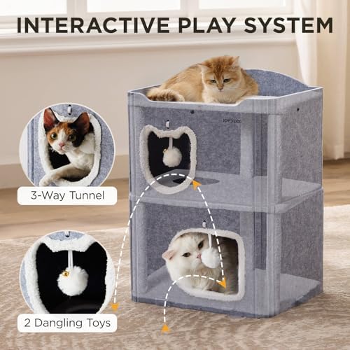 Joydeco Cat House for Indoor Cats, 2 Story Scratch Resistant Felt Cat Condo, Hideaway Pet Cave Bed with Fluffy Ball and Tunnel for Kitten, Small Dogs, Rabbits, 17.7 x 13.3 x 24, Grey - Image 3
