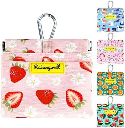 Dog Treat Pouch,Cotton Pocket Sized Training Holder, Hand Free Walking Funny Bag with Carabiner, Self-Closing Pet Feed Snack Reward, Behavior Aids for Puppy Travel or Outdoor Use（Strawberry） by Raisingwell