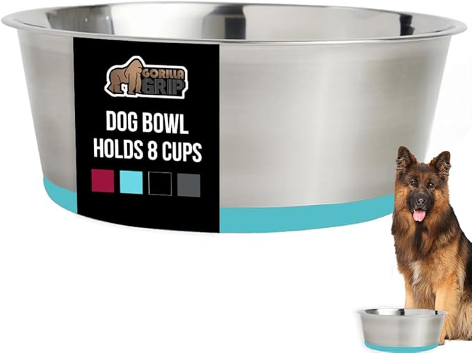 GORILLA GRIP Dog Bowl, Holds 8 Cups (64 fl oz), Food Grade 304 Stainless Steel Food and Water Bowl for Feeding Dogs and Cats, BPA Free Rubber Base, Easy Clean, Dishwasher Safe Rust Resistant Turquoise
