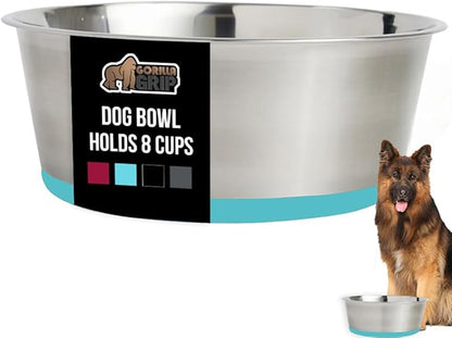 GORILLA GRIP Dog Bowl, Holds 8 Cups (64 fl oz), Food Grade 304 Stainless Steel Food and Water Bowl for Feeding Dogs and Cats, BPA Free Rubber Base, Easy Clean, Dishwasher Safe Rust Resistant Turquoise