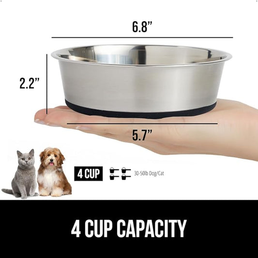 GORILLA GRIP Dog Bowl, Holds 4 Cups (32 fl oz), Food Grade 304 Stainless Steel Food and Water Bowl for Feeding Dogs and Cats, BPA Free Rubber Base, Easy Clean, Dishwasher Safe, Rust Resistant, Black