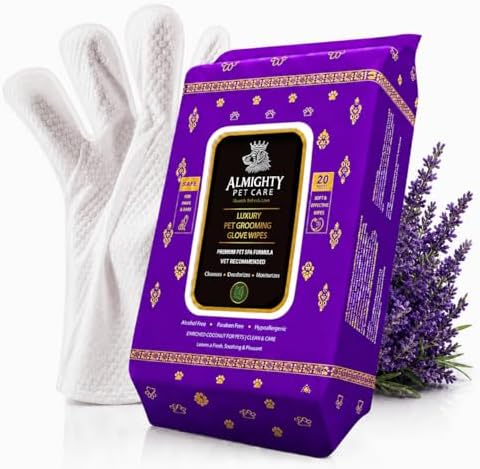 Premium Pet Grooming Glove Wipes for Dogs & Cats, 3X Thick No-Rinse Bathing Gloves, Hypoallergenic Deodorizing Paw & Body Cleaner, Grooms Hydrates & Nourishes, 20 Count, Lavender Scent by ALMIGHTYPETCARE