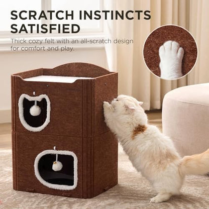 Joydeco Cat House for Indoor Cats, 2 Story Scratch Resistant Felt Cat Condo, Hideaway Pet Cave Bed with Fluffy Ball and Tunnel for Kitten, Small Dogs, Rabbits, 17.7 x 13.3 x 24, Coffee - Image 2
