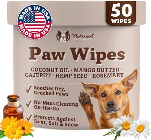Natural Dog Company Natural Dog Paw Wipes - 50 Ct - Organic, Vegan Pet Paw Wipes for Dogs, Eco-Friendly, Ideal for Removing Dirt, Allergens & Moisturizes Dry Cracked Paws, Coconut Oil & Cocoa Butter by NaturalDogCompany