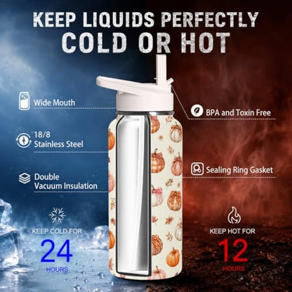 32 oz Fall Pumpkin Bow Insulated Water Bottle with Straw Lid, Stainless Steel Vacuum Leak Proof Flip Top Sports Water Bottle, Autumn Reusable Travel Mug for Gym Hiking, Fall Decor Gift for Women Girls - Image 3