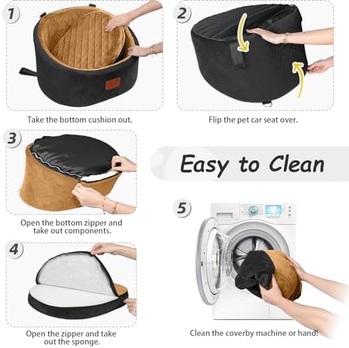 Lealchum Dog Car Seat for Small Dogs Up to 30 Lbs,Ultra Soft Fabric Fill in Comfy Memory Foam,Happy Pet Ride,2 Safety Dog Leashes,Fully Detachable and Washable,Anti Slip Base(Black/Coffee) - Image 6