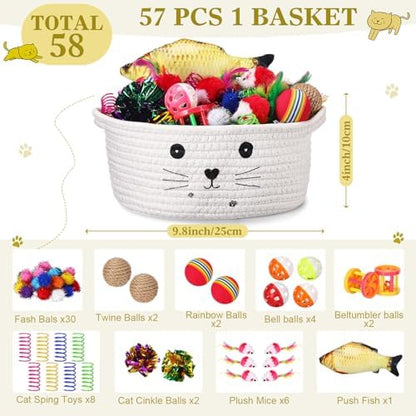 Zopeal 58 Pcs Cat Toy Set with Storage Basket Indoor, White, 9.8 Inch - Image 2