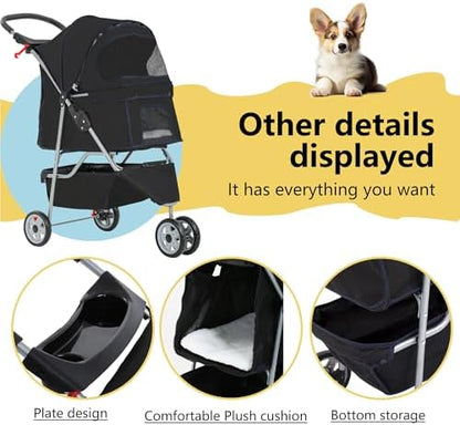 FDW Pet Stroller 3-Wheel Durable Foldable Cat Dog Stroller with Washable Liner Storage Basket Cup Holder,Dark Black - Image 5