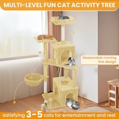 54-Inch Cat Tree Tower with 2 Caves & 2 Pompoms - Multi-Level Tower for Indoor Cats, Soft Plush Condo with Scratching Posts - Sturdy Base for Large Cats(Beige) - Image 4