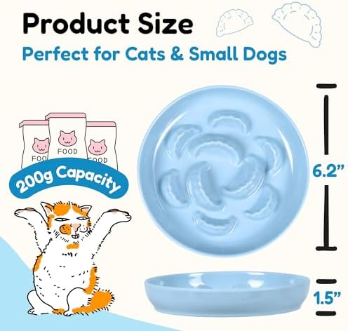 2 Pcs Cat Slow Feeder Bowl Set - Unbreakable Melamine Puzzle cat Bowl for Slow Eating - Cat Dish for Wet & Dry Food- Whisker Friendly & Dishwasher Safe & Non Slip Design - 6.3 x 6.3 '' (Blue+White) - Image 2