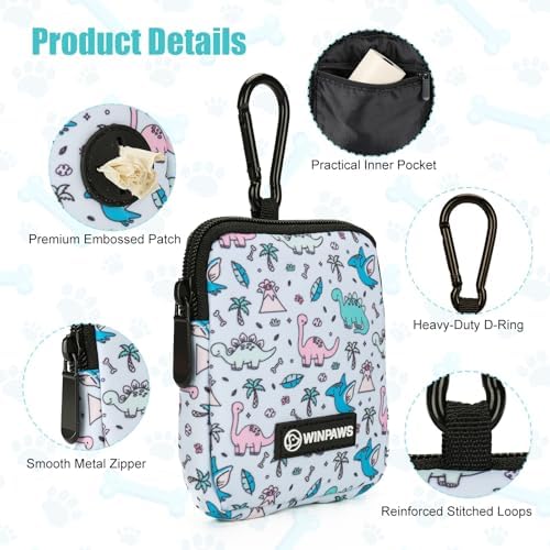 Dog Treat Pouch with Training Clicker,Waterproof Nylon Fabric Poop Bag Holders for Leashes,Hands Free Small Dog Walking Bag with Carabiner, Pet Puppy Training Walking Essentials (Dinosaur) - Image 4