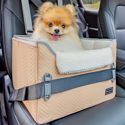 PETSFIT Cat Car Seat, Waterproof PU Leather Dog Booster Car Seat with Patent Safe Buckles, Clip-On Leash, Pet Travel Carrier Bed for Small Pets Up to 25lbs (Orange) by Petsfit